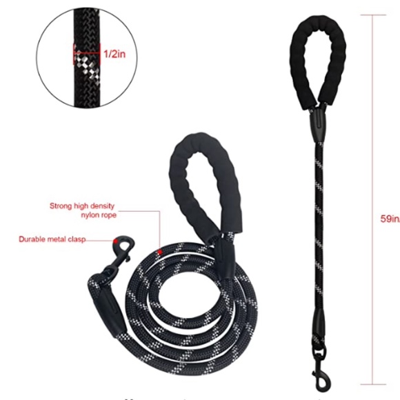 NEW 5FT Heavy Duty Dog Leash Padded Handle and Highly Reflective Threads Black - Picture 2 of 7